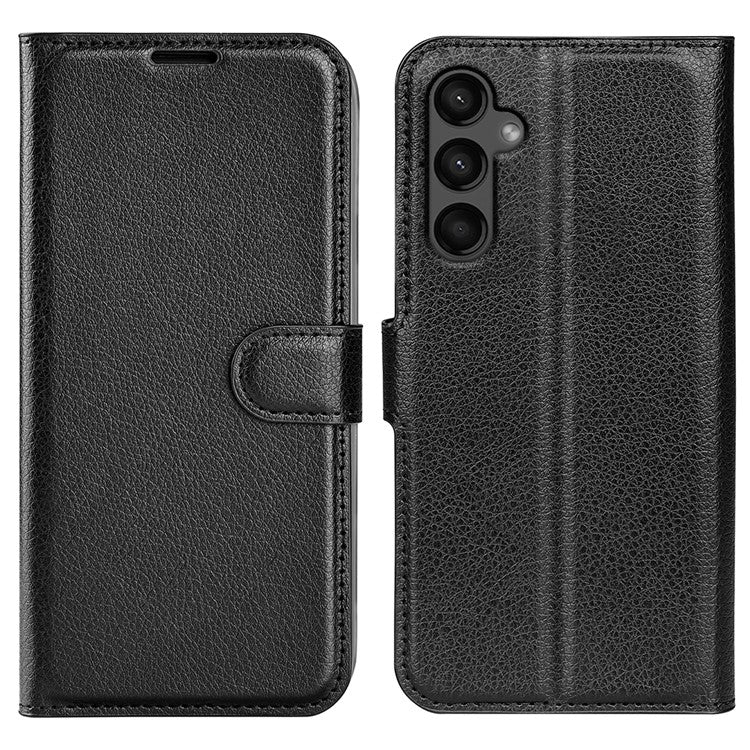 For Samsung Galaxy A15 5G Case Slim-Fit Litchi Texture Stand Wallet Phone Cover PU Leather Shell - Black