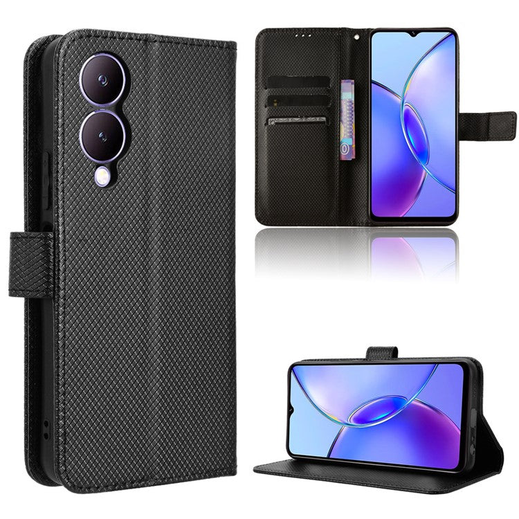 For vivo Y17s 4G / Y33t (2023) V2317A Leather Case Wallet Phone Protective Phone Cover - Black