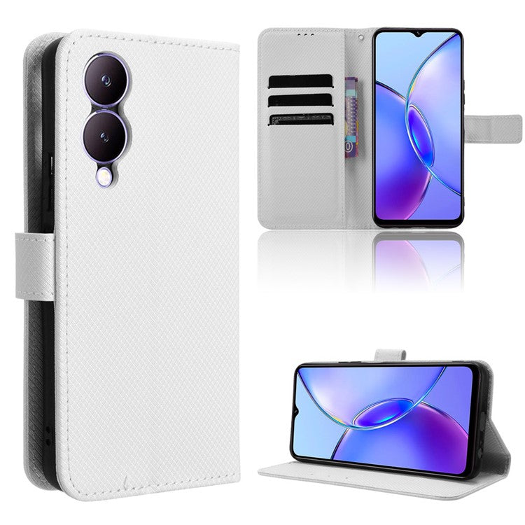 For vivo Y17s 4G / Y33t (2023) V2317A Leather Case Wallet Phone Protective Phone Cover - White