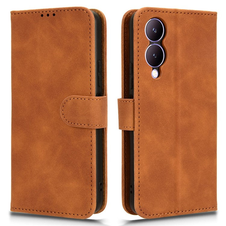 For vivo Y17s 4G Case Anti-drop PU Leather Cover with Wallet - Brown