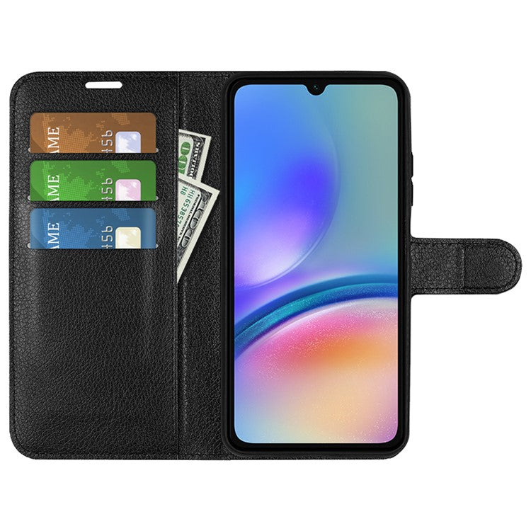 For Samsung Galaxy A05s 4G Case Litchi Texture Stand Leather Wallet Phone Shell - Black