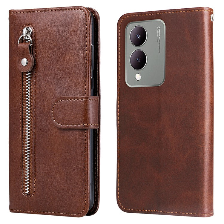 For vivo Y17s 4G Case PU Leather Phone Cover with Zipper Pocket Wallet - Brown