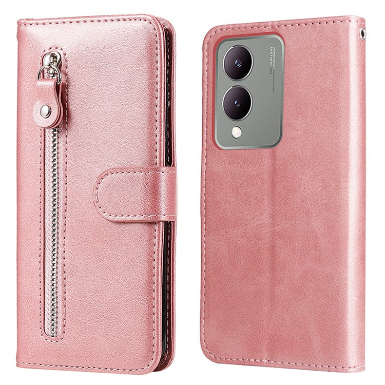 For vivo Y17s 4G Case PU Leather Phone Cover with Zipper Pocket Wallet - Pink