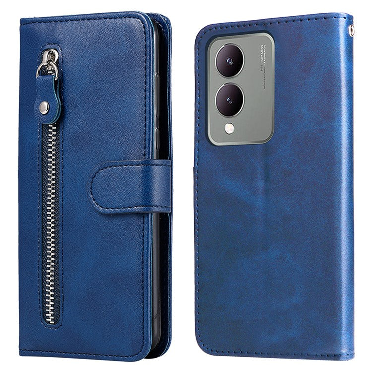 For vivo Y17s 4G Case PU Leather Phone Cover with Zipper Pocket Wallet - Blue