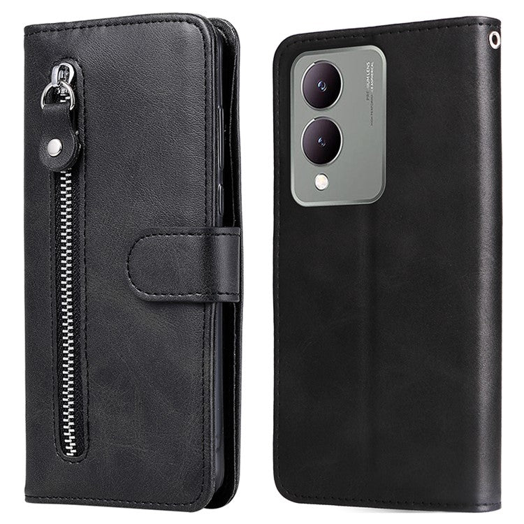 For vivo Y17s 4G Case PU Leather Phone Cover with Zipper Pocket Wallet - Black