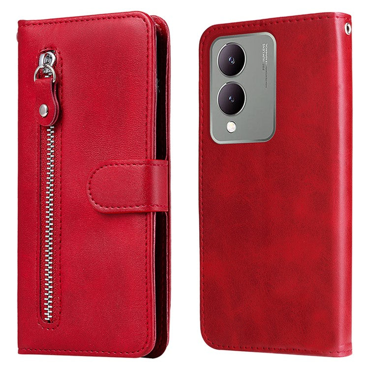 For vivo Y17s 4G Case PU Leather Phone Cover with Zipper Pocket Wallet - Red