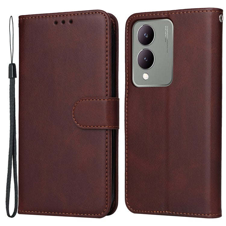 For vivo Y17s 4G Case Calf Texture Phone Cover with Wallet Stand - Brown