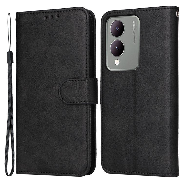 For vivo Y17s 4G Case Calf Texture Phone Cover with Wallet Stand - Black