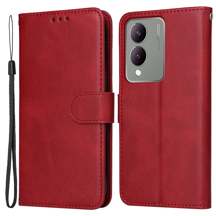 For vivo Y17s 4G Case Calf Texture Phone Cover with Wallet Stand - Red