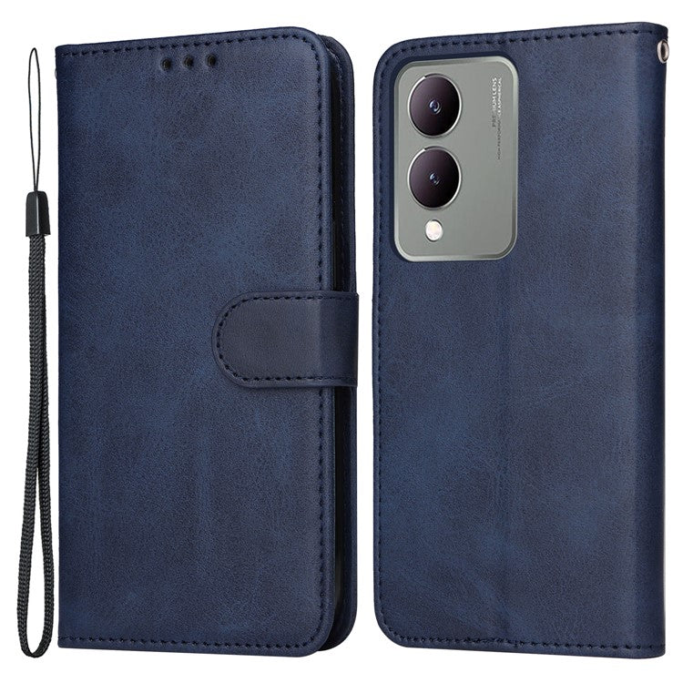 For vivo Y17s 4G Case Calf Texture Phone Cover with Wallet Stand - Blue