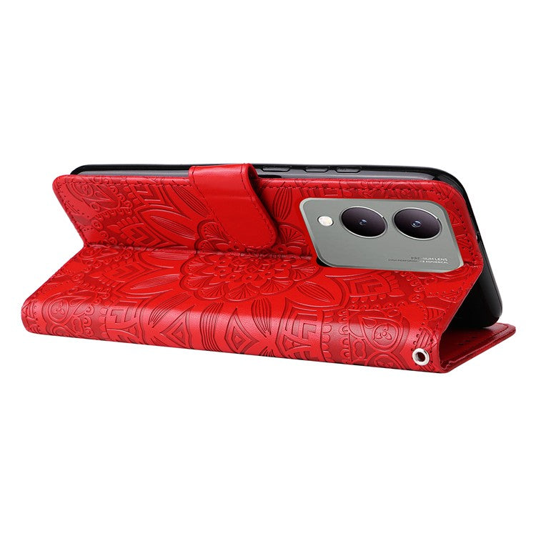 For vivo Y17s 4G Case Stand Wallet PU Leather Phone Cover - Red