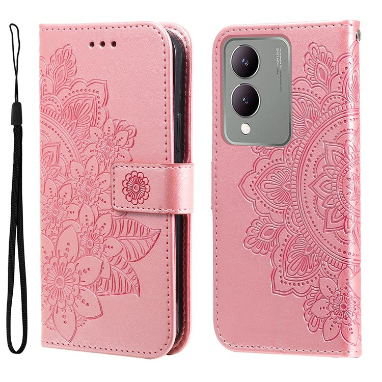 For vivo Y17s 4G Case Flower Imprinted PU Leather Wallet Cover - Pink