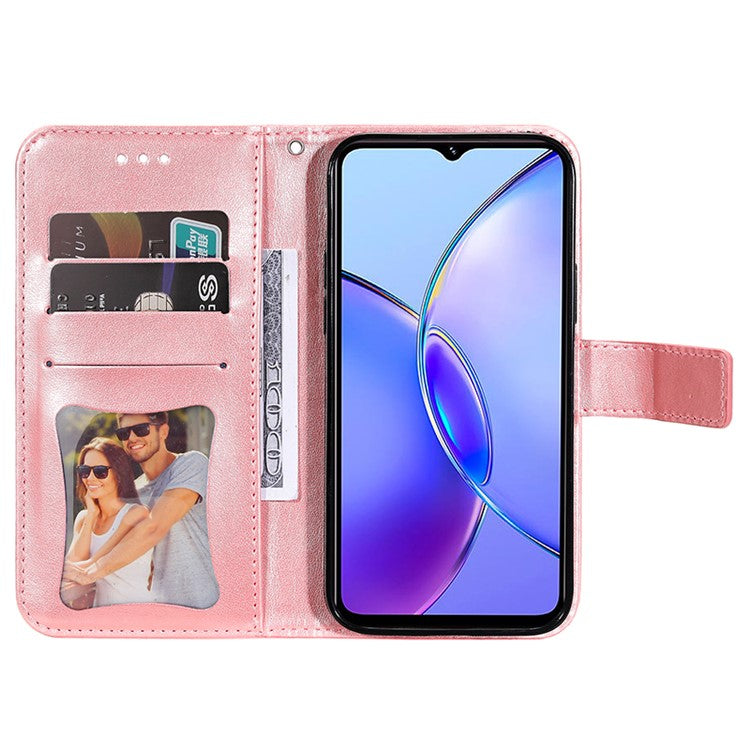 For vivo Y17s 4G Case Flower Imprinted PU Leather Wallet Cover - Pink