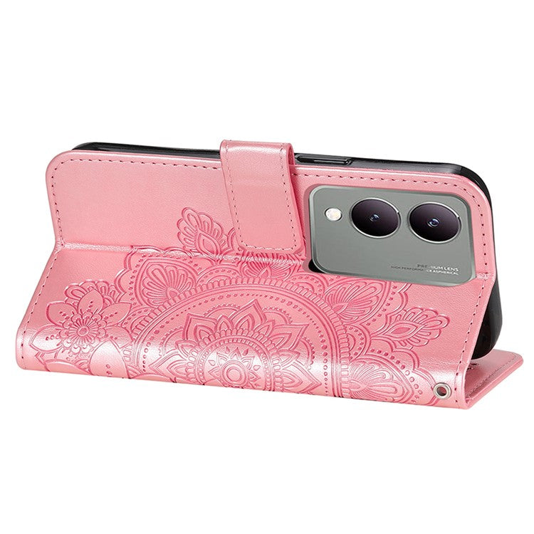 For vivo Y17s 4G Case Flower Imprinted PU Leather Wallet Cover - Pink