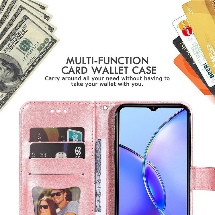 For vivo Y17s 4G Case Flower Imprinted PU Leather Wallet Cover - Pink