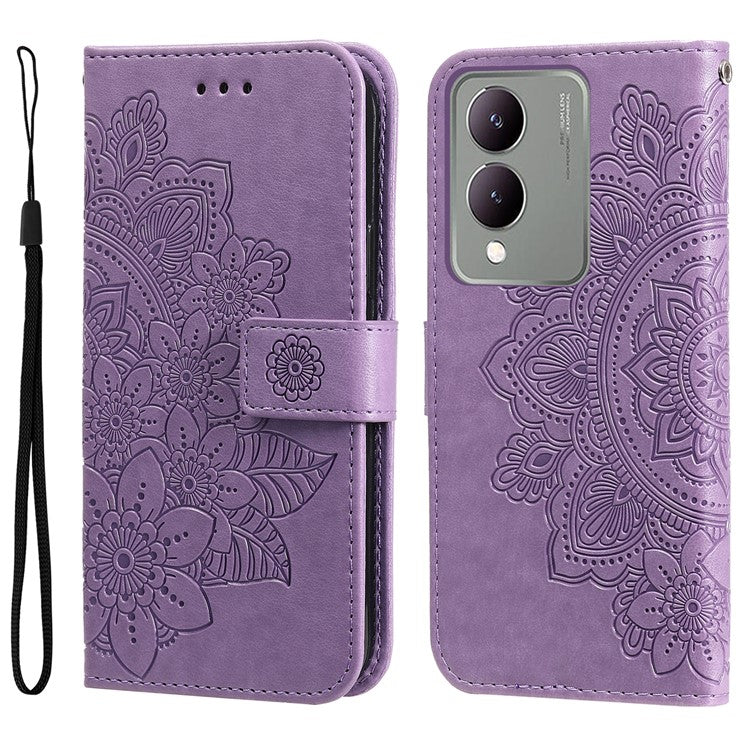 For vivo Y17s 4G Case Flower Imprinted PU Leather Wallet Cover - Purple