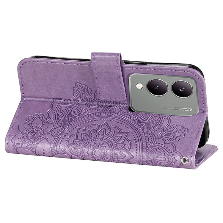 For vivo Y17s 4G Case Flower Imprinted PU Leather Wallet Cover - Purple