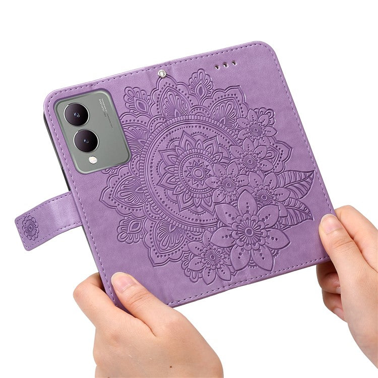 For vivo Y17s 4G Case Flower Imprinted PU Leather Wallet Cover - Purple