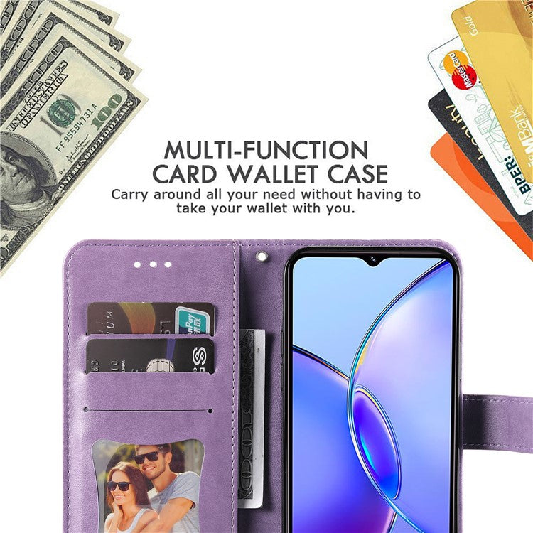 For vivo Y17s 4G Case Flower Imprinted PU Leather Wallet Cover - Purple