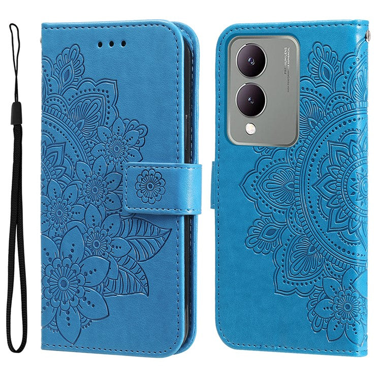 For vivo Y17s 4G Case Flower Imprinted PU Leather Wallet Cover - Blue