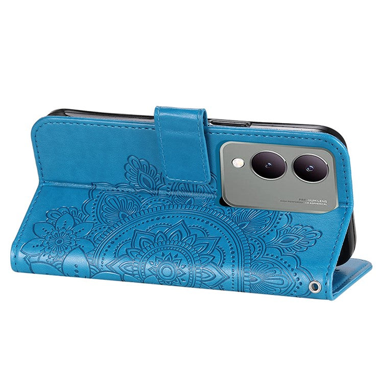 For vivo Y17s 4G Case Flower Imprinted PU Leather Wallet Cover - Blue