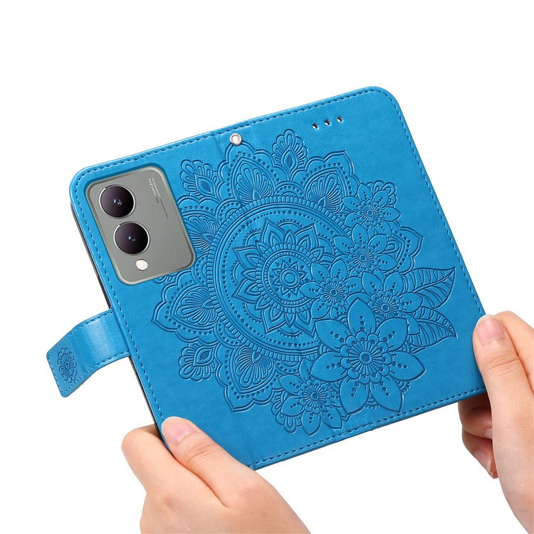 For vivo Y17s 4G Case Flower Imprinted PU Leather Wallet Cover - Blue