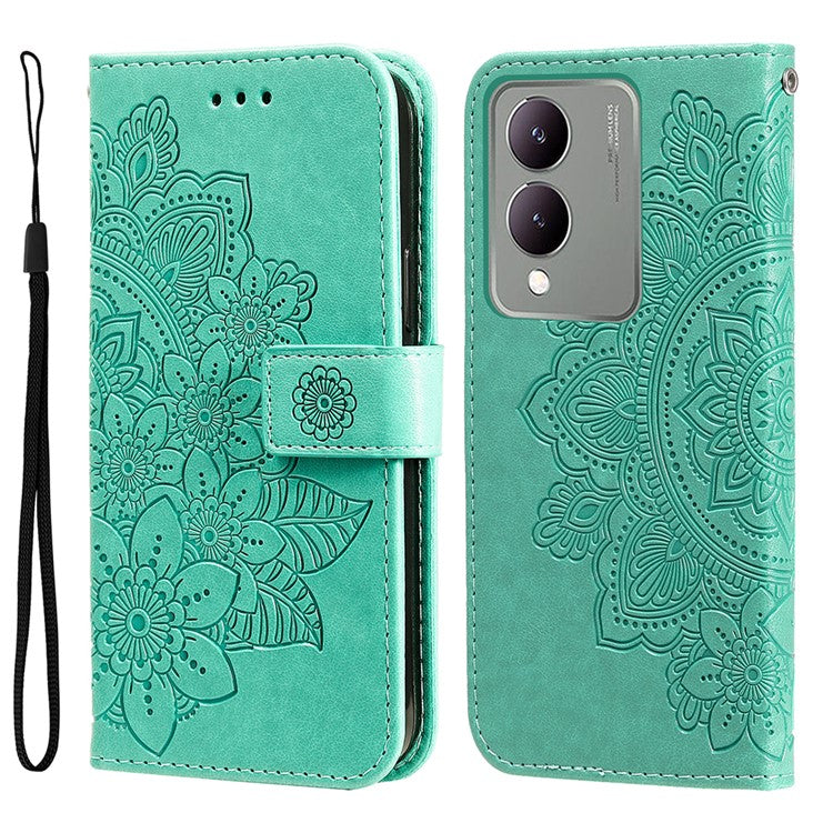 For vivo Y17s 4G Case Flower Imprinted PU Leather Wallet Cover - Green