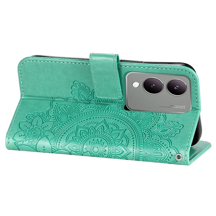 For vivo Y17s 4G Case Flower Imprinted PU Leather Wallet Cover - Green