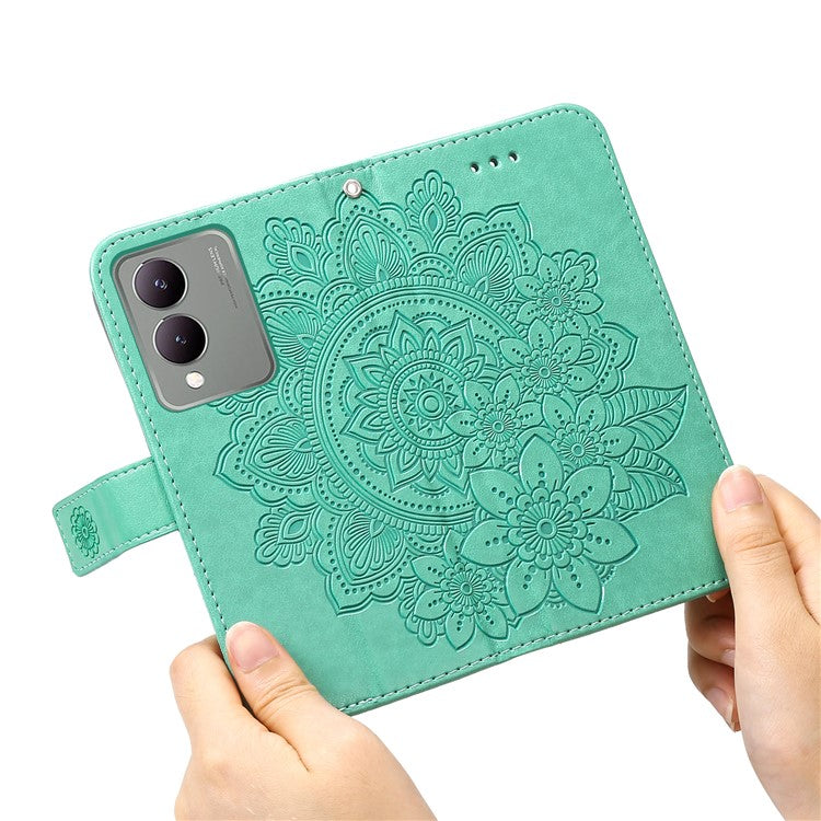 For vivo Y17s 4G Case Flower Imprinted PU Leather Wallet Cover - Green