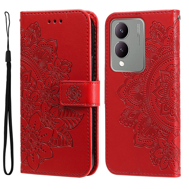 For vivo Y17s 4G Case Flower Imprinted PU Leather Wallet Cover - Red