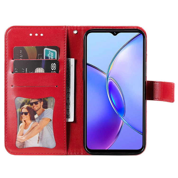 For vivo Y17s 4G Case Flower Imprinted PU Leather Wallet Cover - Red