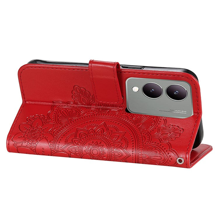 For vivo Y17s 4G Case Flower Imprinted PU Leather Wallet Cover - Red