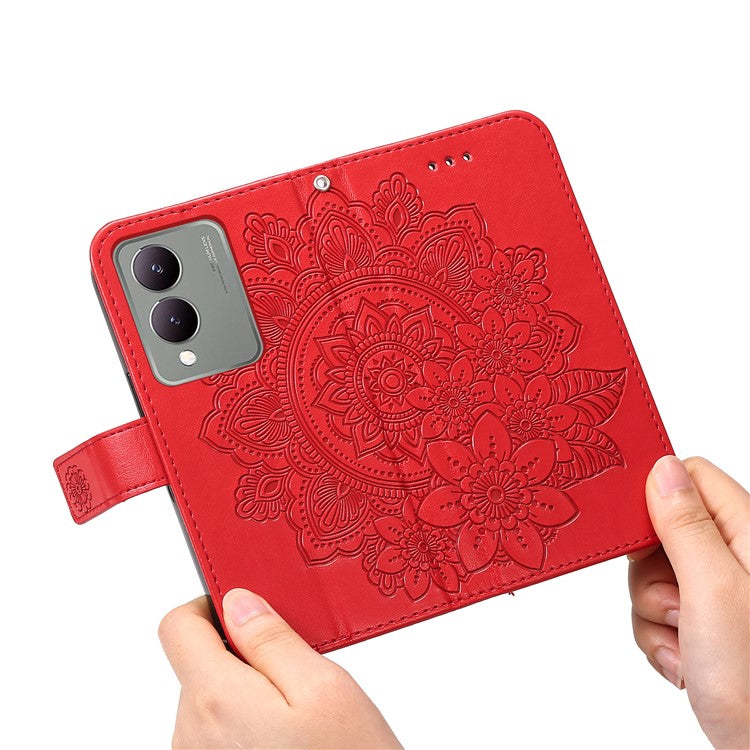 For vivo Y17s 4G Case Flower Imprinted PU Leather Wallet Cover - Red