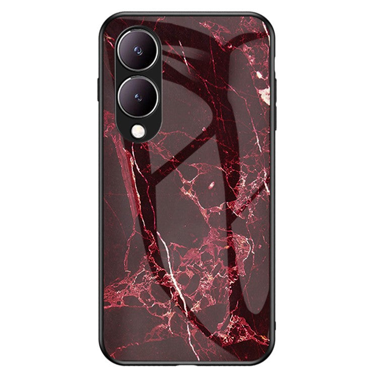 For vivo Y17s 4G Cover Marble Pattern Tempered Glass+PC+TPU Anti-scratch Phone Case - Blood Red Marble