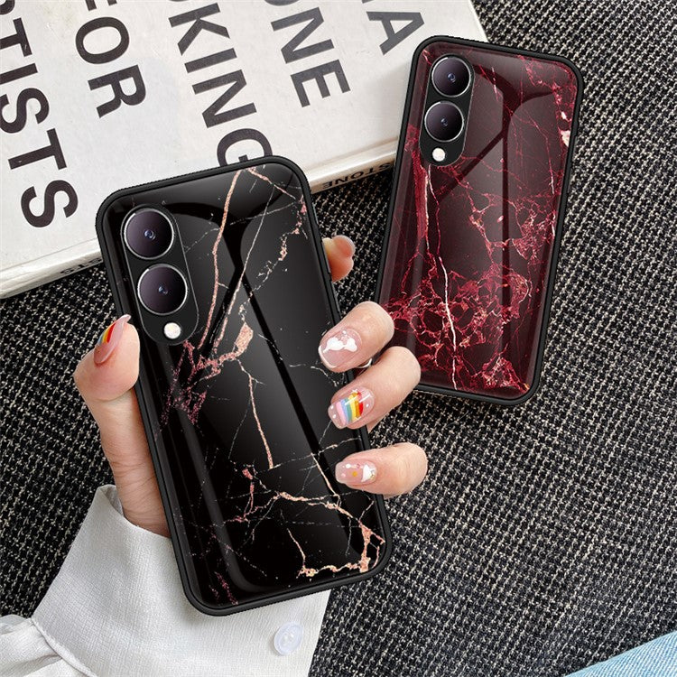 For vivo Y17s 4G Cover Marble Pattern Tempered Glass+PC+TPU Anti-scratch Phone Case - Blood Red Marble