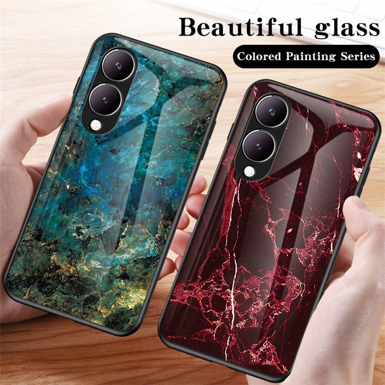 For vivo Y17s 4G Cover Marble Pattern Tempered Glass+PC+TPU Anti-scratch Phone Case - Blood Red Marble