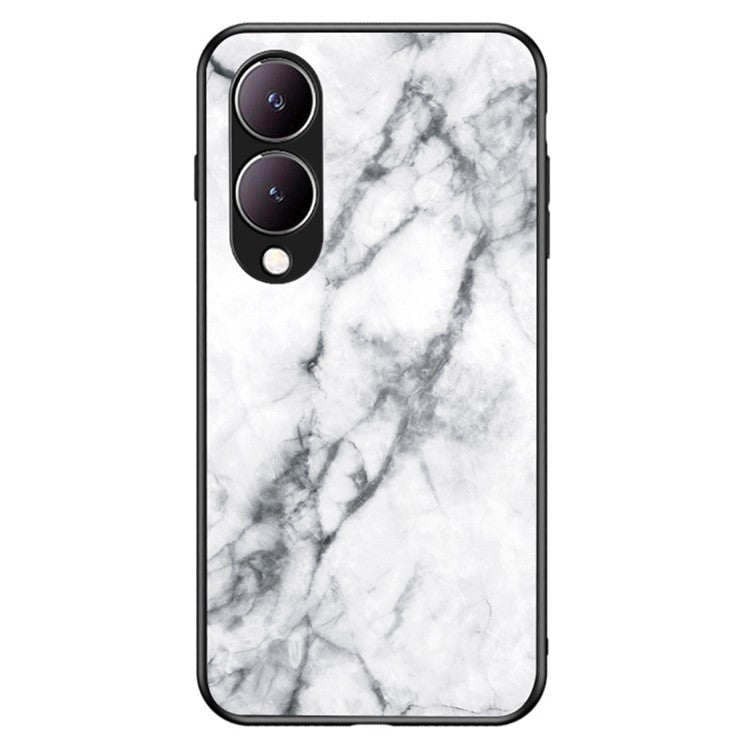 For vivo Y17s 4G Cover Marble Pattern Tempered Glass+PC+TPU Anti-scratch Phone Case - White Marble