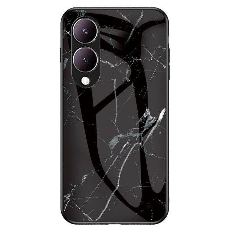 For vivo Y17s 4G Cover Marble Pattern Tempered Glass+PC+TPU Anti-scratch Phone Case - Black Marble