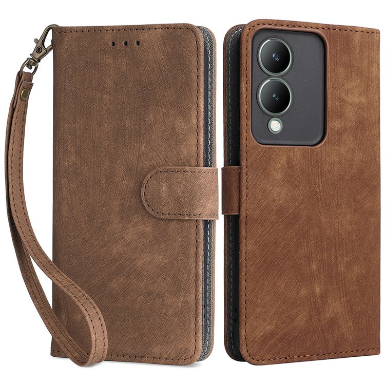 For vivo Y17s 4G / Y33t (2023) V2317A Case Bump Proof RFID Blocking Phone Cover with Strap - Brown