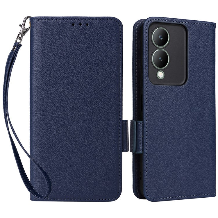 For vivo Y17s 4G / Y33t (2023) V2317A Case Mobile Phone Litchi Texture Leather Cover with Strap - Dark Blue