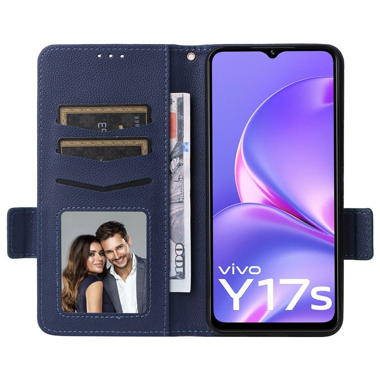 For vivo Y17s 4G / Y33t (2023) V2317A Case Mobile Phone Litchi Texture Leather Cover with Strap - Dark Blue