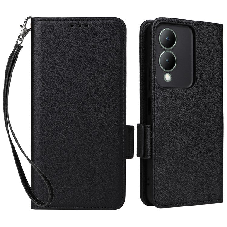 For vivo Y17s 4G / Y33t (2023) V2317A Case Mobile Phone Litchi Texture Leather Cover with Strap - Black