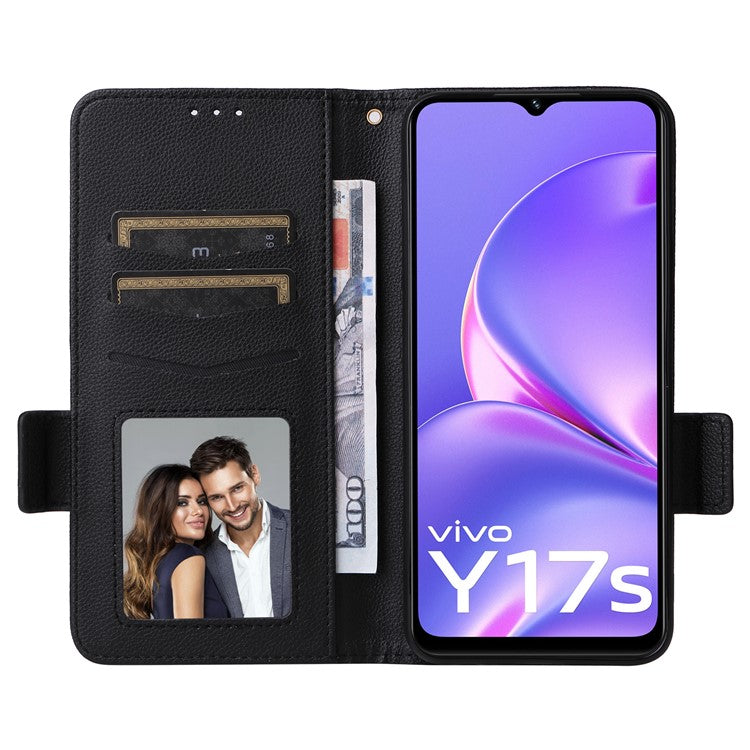 For vivo Y17s 4G / Y33t (2023) V2317A Case Mobile Phone Litchi Texture Leather Cover with Strap - Black