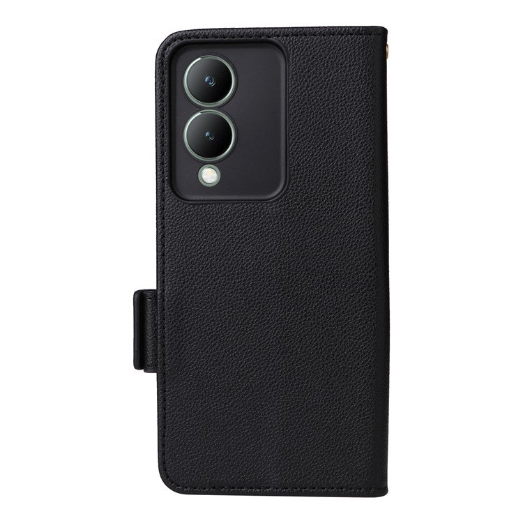 For vivo Y17s 4G / Y33t (2023) V2317A Case Mobile Phone Litchi Texture Leather Cover with Strap - Black