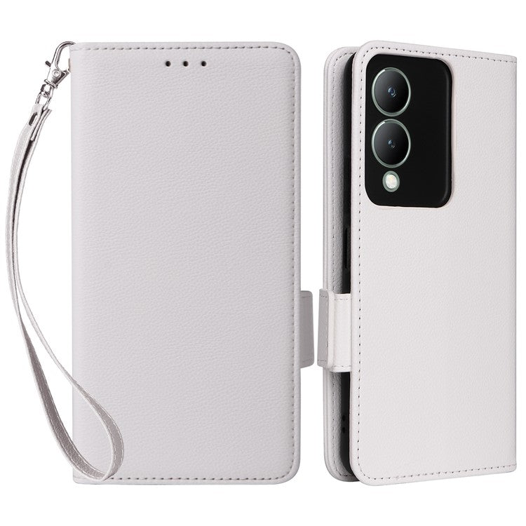 For vivo Y17s 4G / Y33t (2023) V2317A Case Mobile Phone Litchi Texture Leather Cover with Strap - White