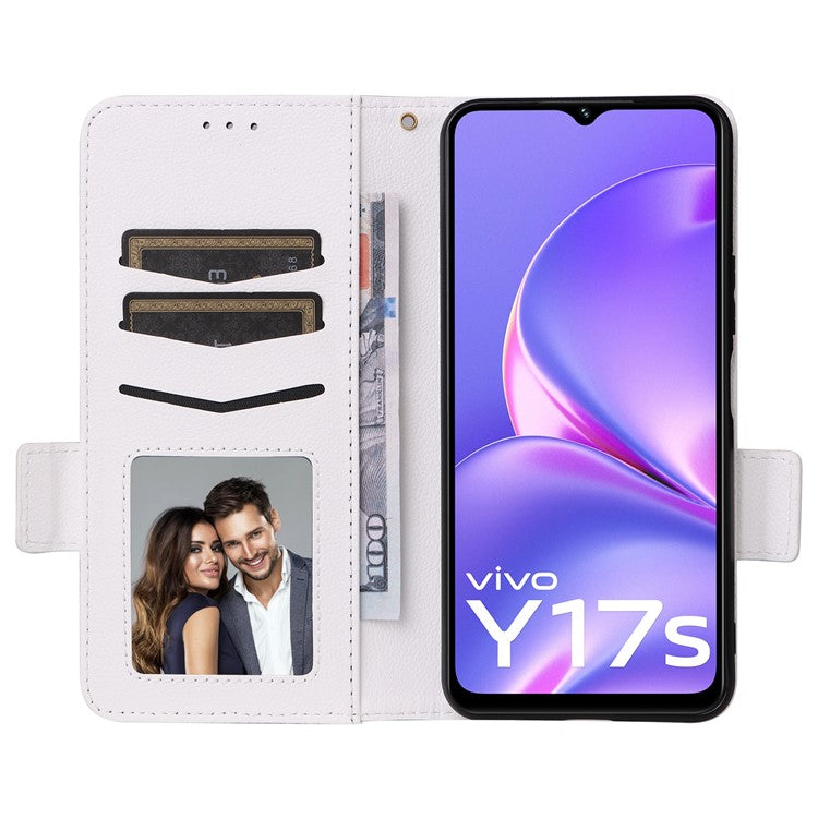 For vivo Y17s 4G / Y33t (2023) V2317A Case Mobile Phone Litchi Texture Leather Cover with Strap - White