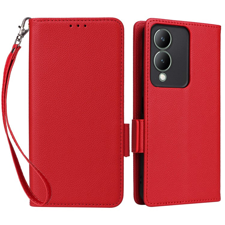 For vivo Y17s 4G / Y33t (2023) V2317A Case Mobile Phone Litchi Texture Leather Cover with Strap - Red