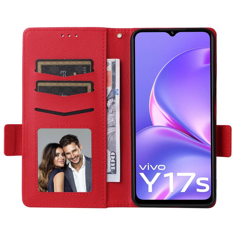 For vivo Y17s 4G / Y33t (2023) V2317A Case Mobile Phone Litchi Texture Leather Cover with Strap - Red