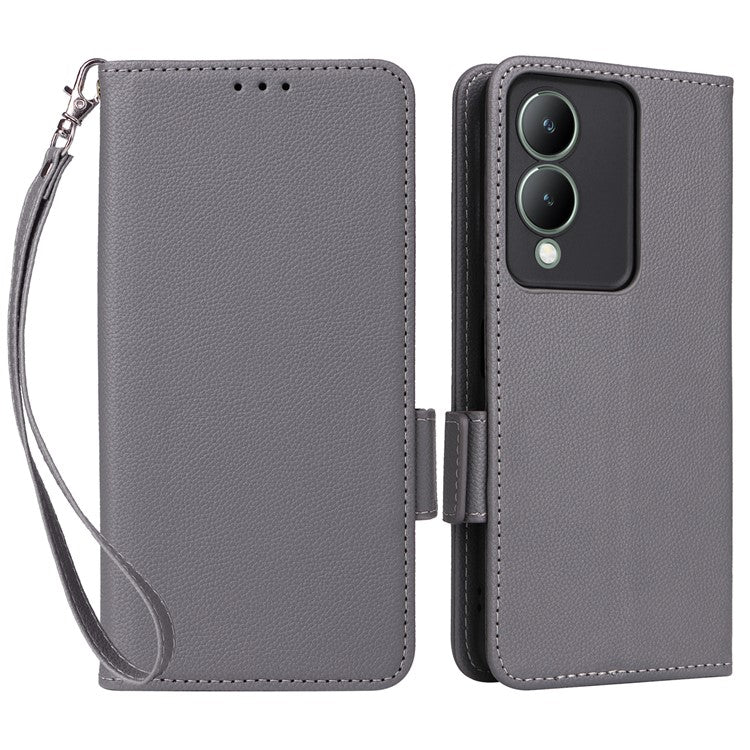 For vivo Y17s 4G / Y33t (2023) V2317A Case Mobile Phone Litchi Texture Leather Cover with Strap - Grey