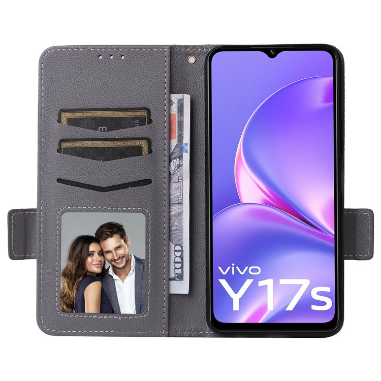 For vivo Y17s 4G / Y33t (2023) V2317A Case Mobile Phone Litchi Texture Leather Cover with Strap - Grey